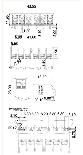 柵板式端子臺GT2.5-680-06P(圖1)